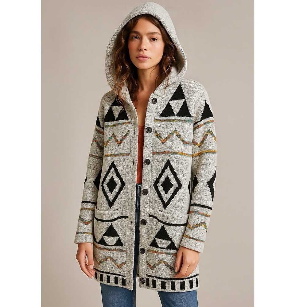 Northern Angel Hooded Sherpa-Lined Tribal Knit Cardigan Women Small Boho indie